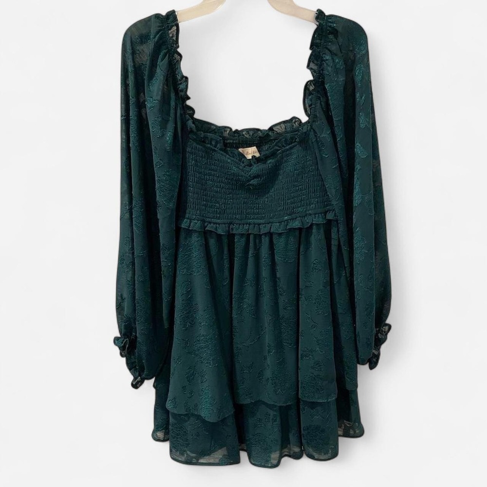 Altar'd State Emerald Green Floral Burnout Smocked Tiered Mini Dress Medium
